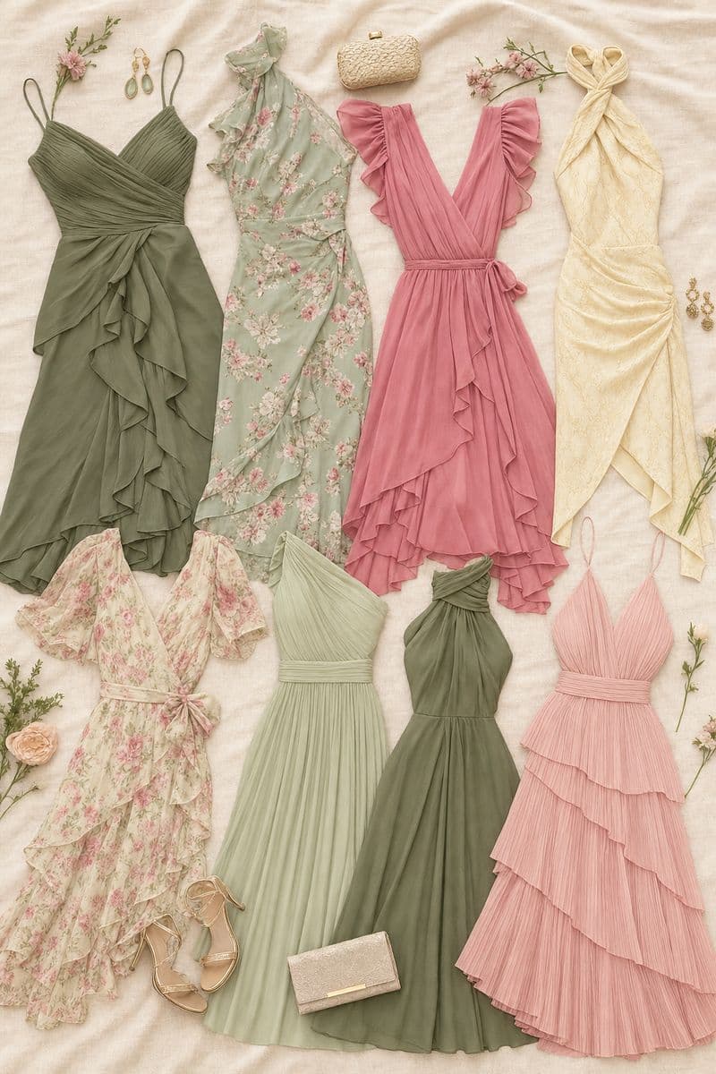 Beispiel-Outfits für Damen in Olive-, Salbei-, Rosé- und Vanilletönen
