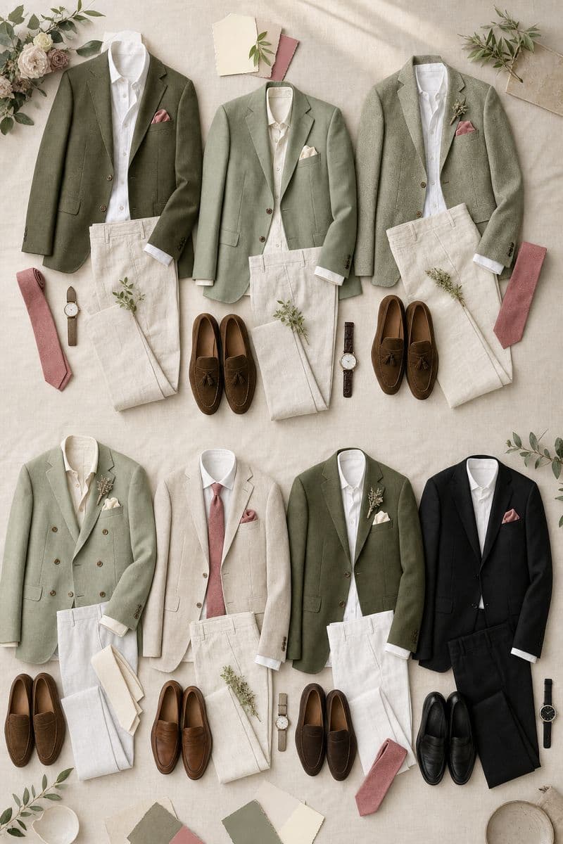Beispiel-Outfits für Herren in hellen Leinen- und Salbeitönen mit schwarzer Option