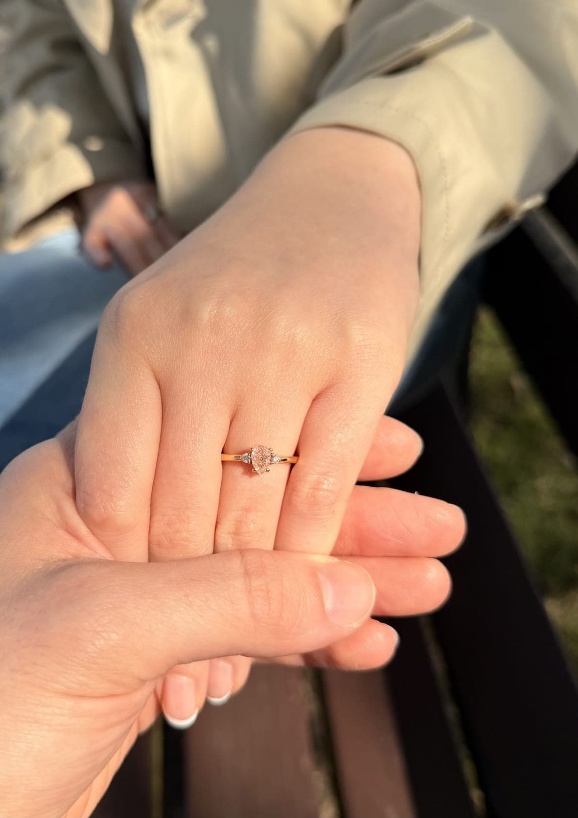 Nahaufnahme des Verlobungsrings an Sarah-Michelles Hand